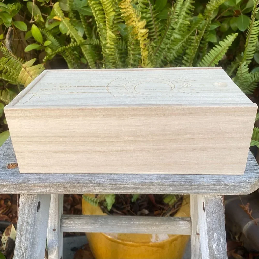New Aviva Stanoff Wood Crystal Astrological Box Slide Top Crecent Moon Astrology